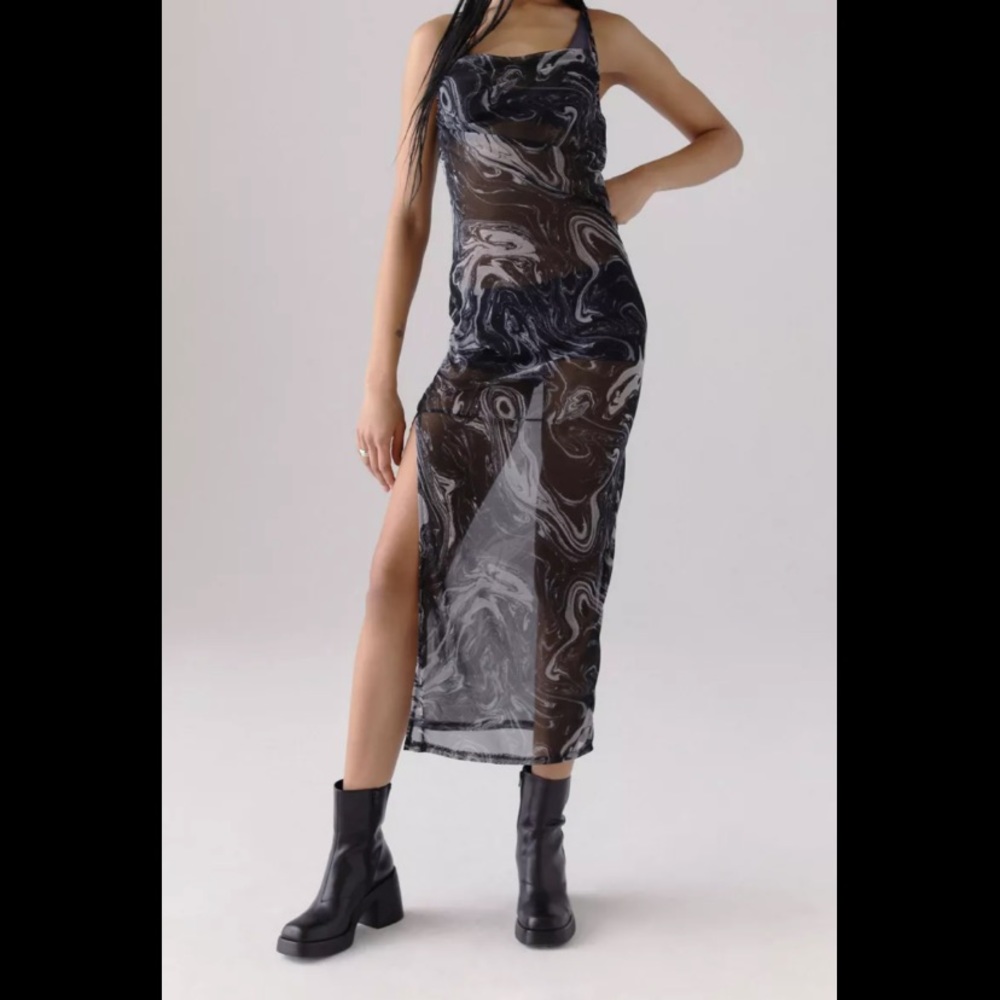 Mesh Cowl Neck Midi Dress Marble